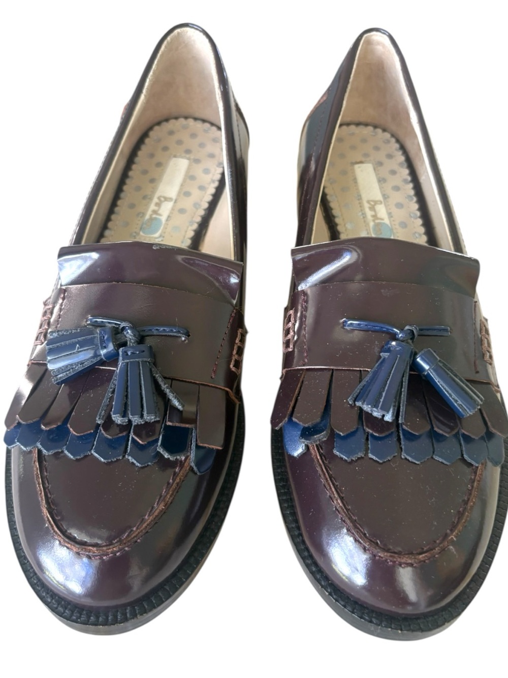 Boden Nya Kiltie Leather Tassel Loafers Dark Brown, Navy Accents. Women’s Size 7